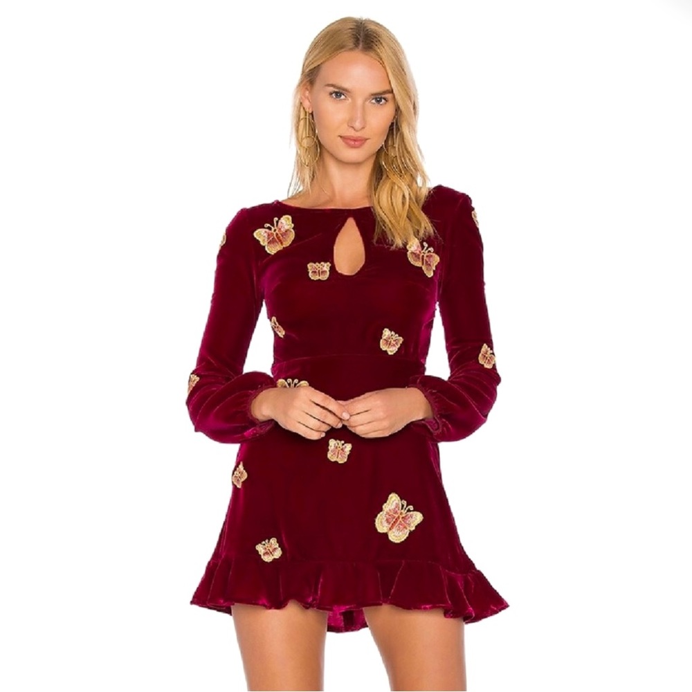 NEW FOR LOVE AND LEMONS REVOLVE EMBROIDERED LONG SLEEVE VELVET MINI DRESS